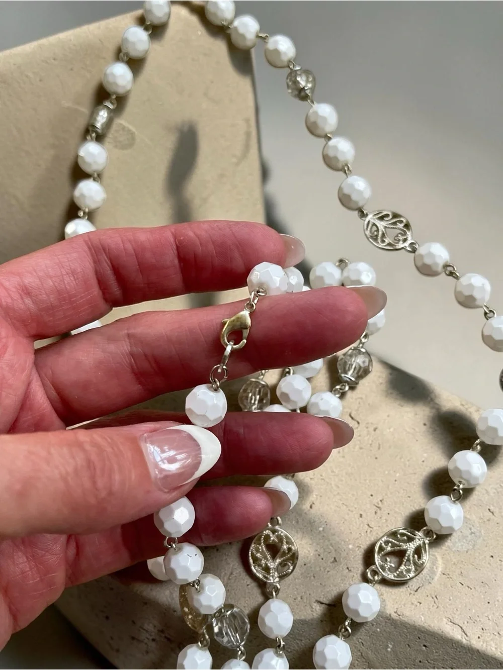 Long White Faceted Glass Crystal Medallion Silver Tone Station Necklace